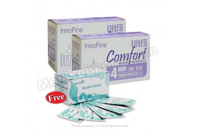 INNOFINE Ultra Comfort Insulin Pen Needles 4MM x 32G x 0.23 (20's x 5) 2 BOXES - FREE Alcohol Swab 100's